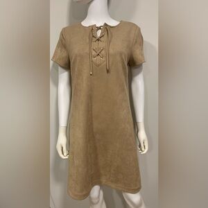 Tommy Hilfiger shift Dress Suede Lace Up Neckline Brown Short Sleeve Womens 10